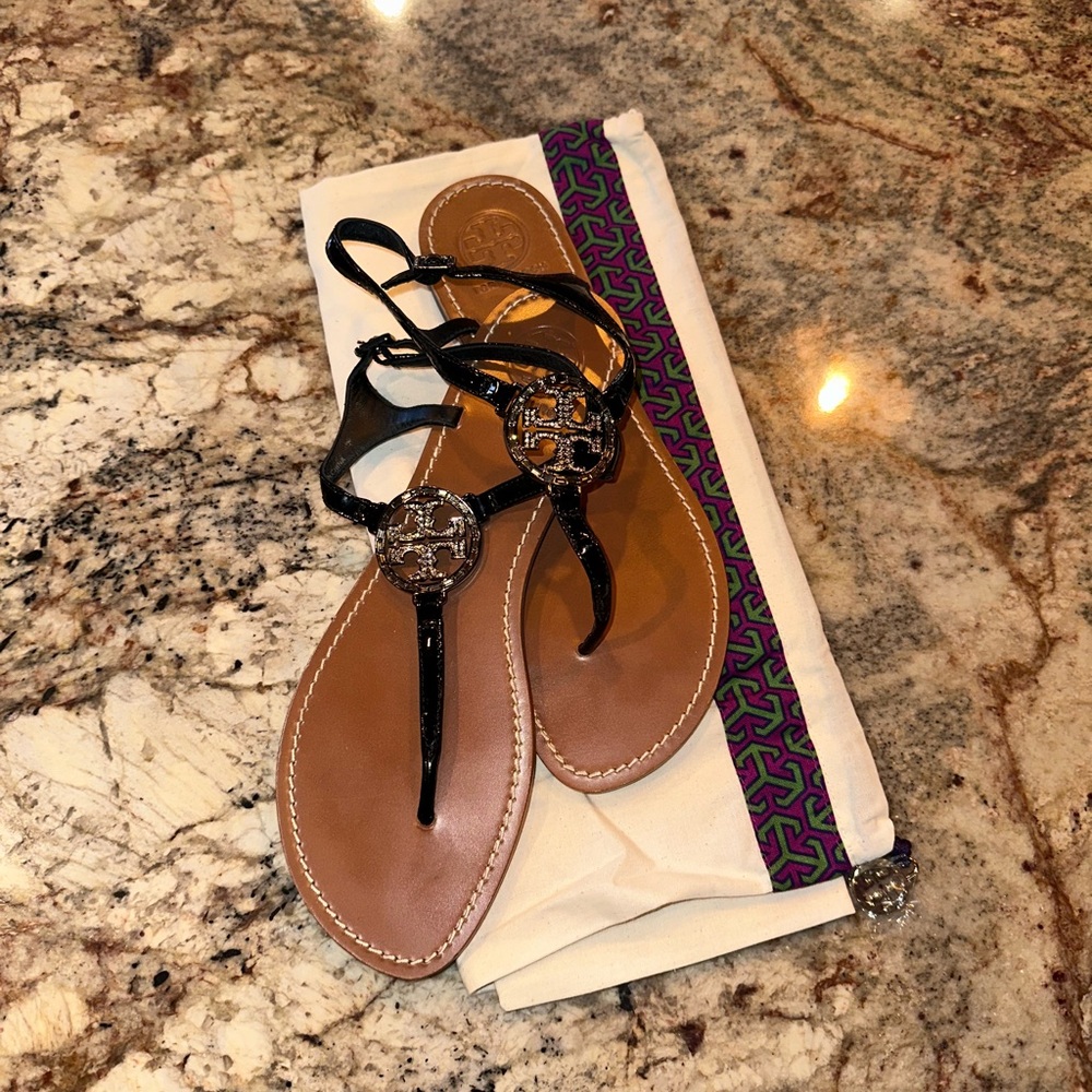 Tory Burch Black Patent Jewel Thong Sandal - Size 10